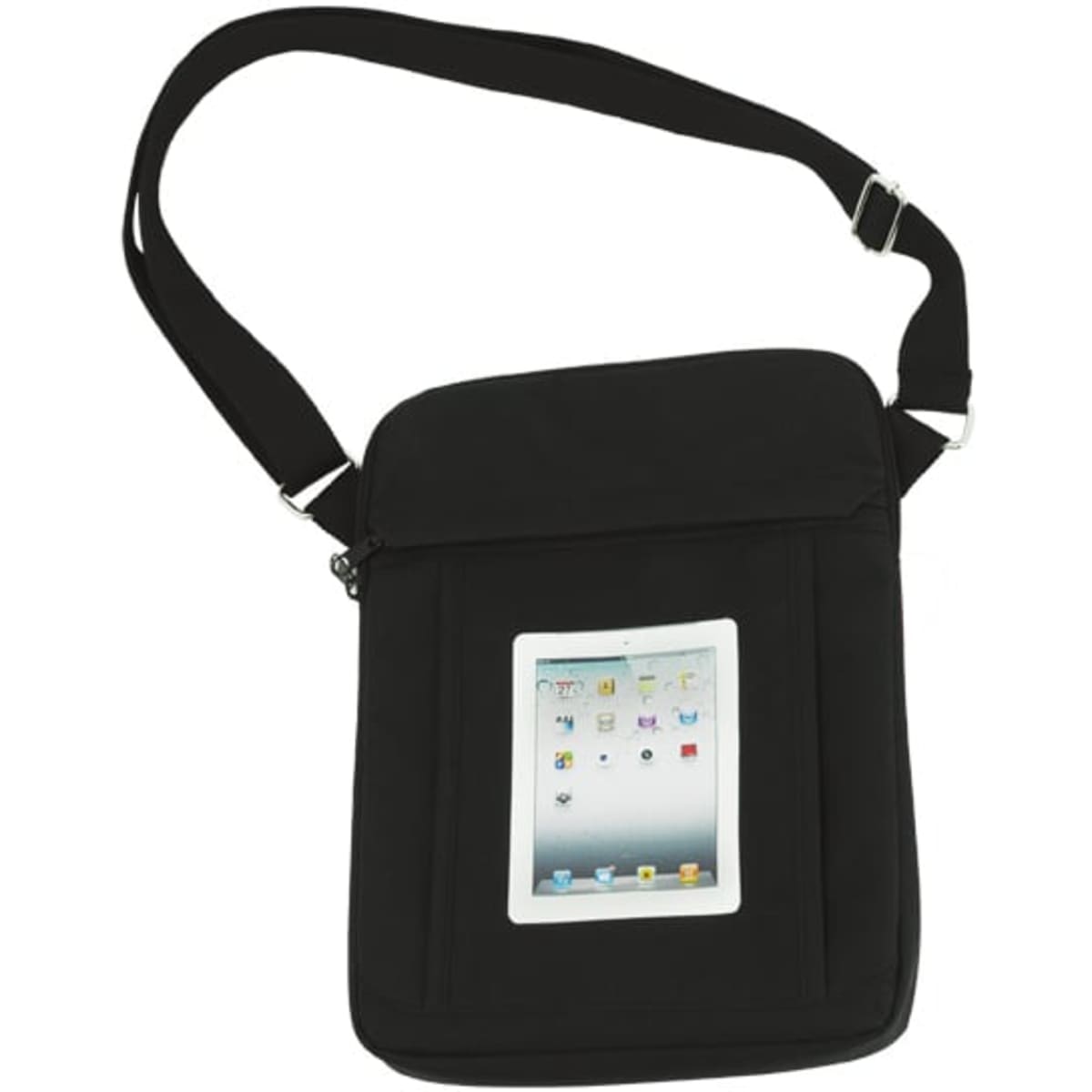 A black iPad carry bag with a front pocket for the device and an adjustable shoulder strap.
