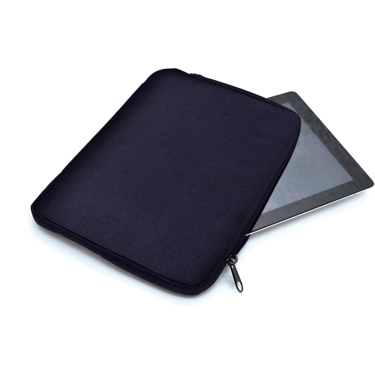 A dark navy iPad carry bag with a zippered closure, partially open to reveal an iPad inside.