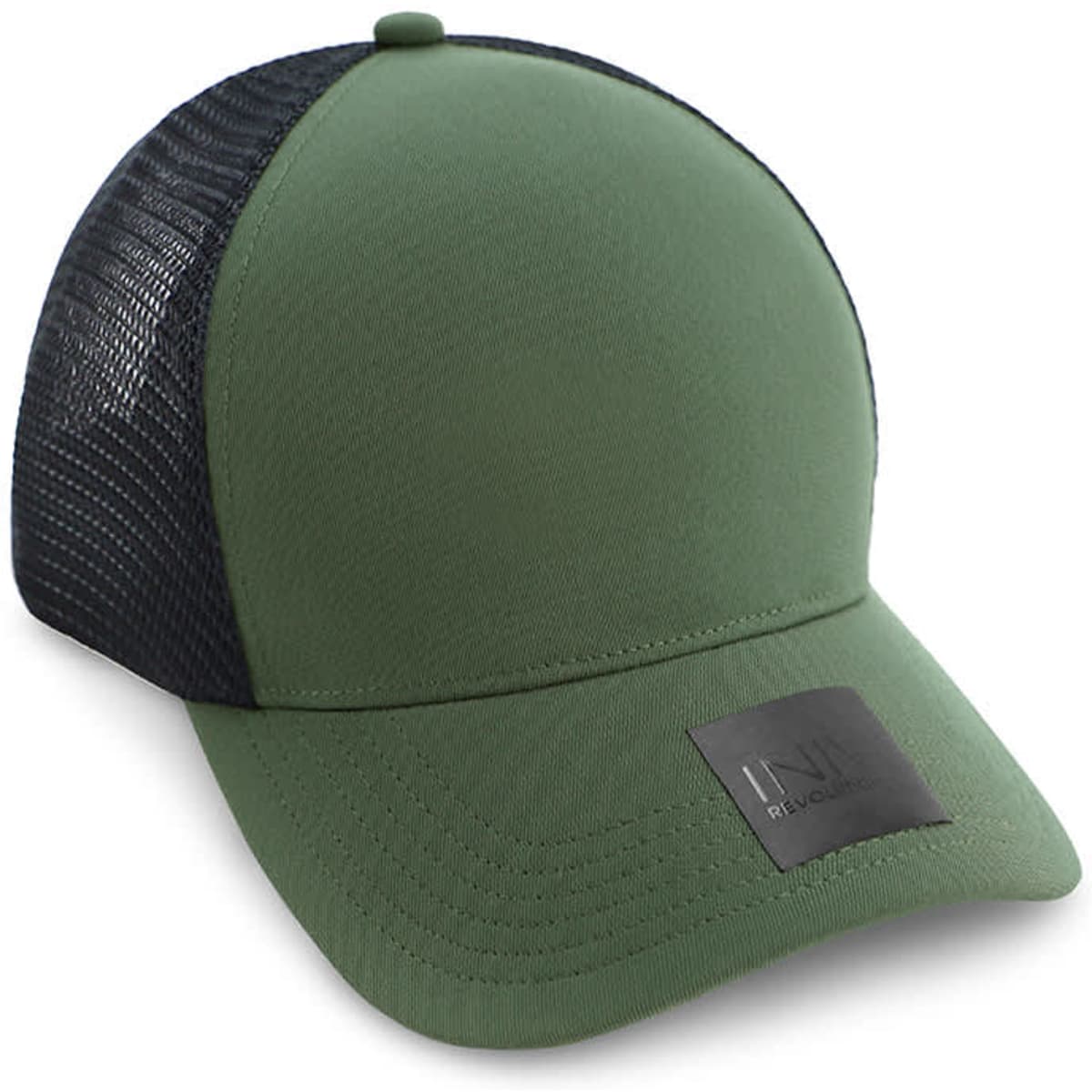 A green polyester/mesh trucker cap featuring a black mesh back and a branded patch on the front.
