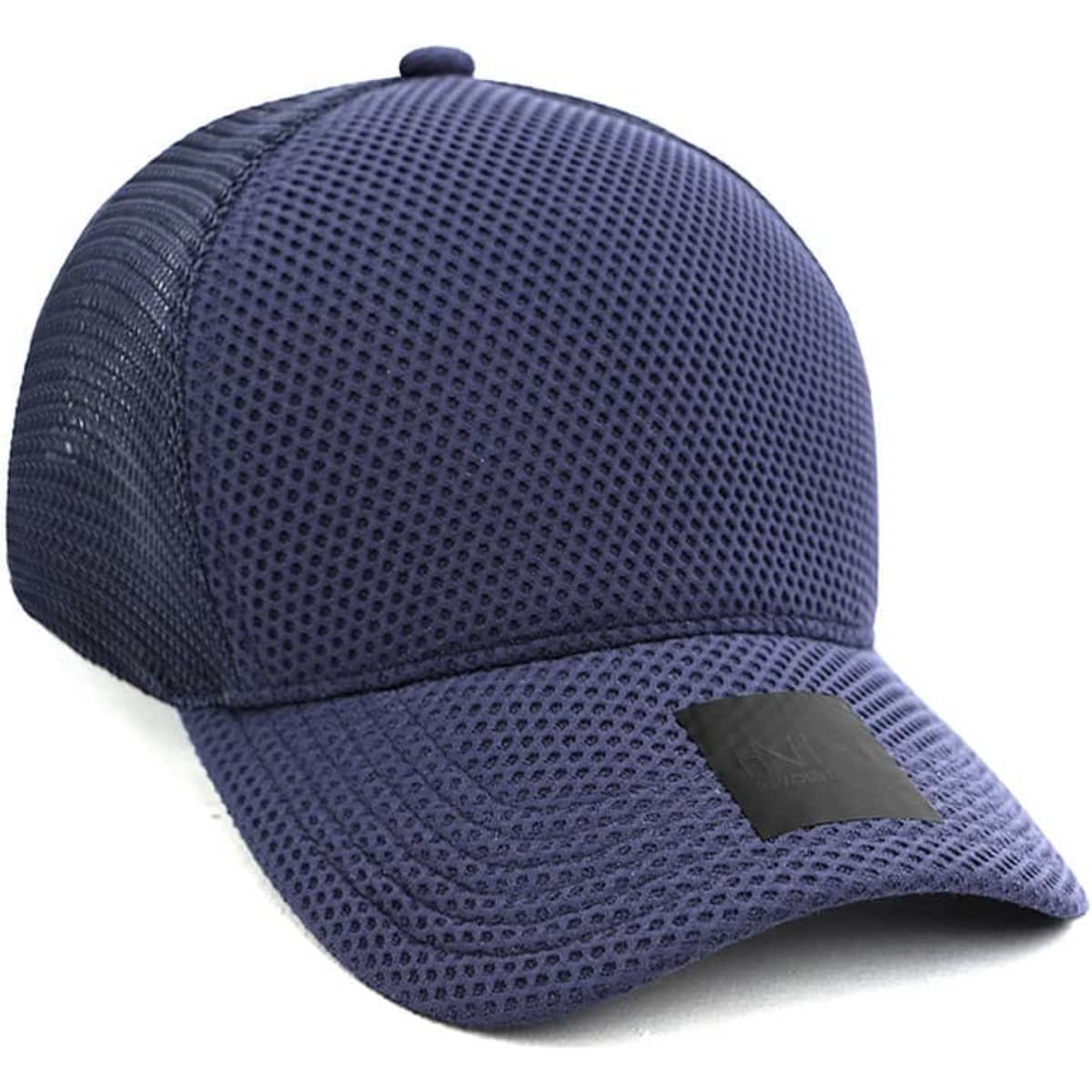 A navy nylon/mesh cap with a textured surface and a logo on the front.