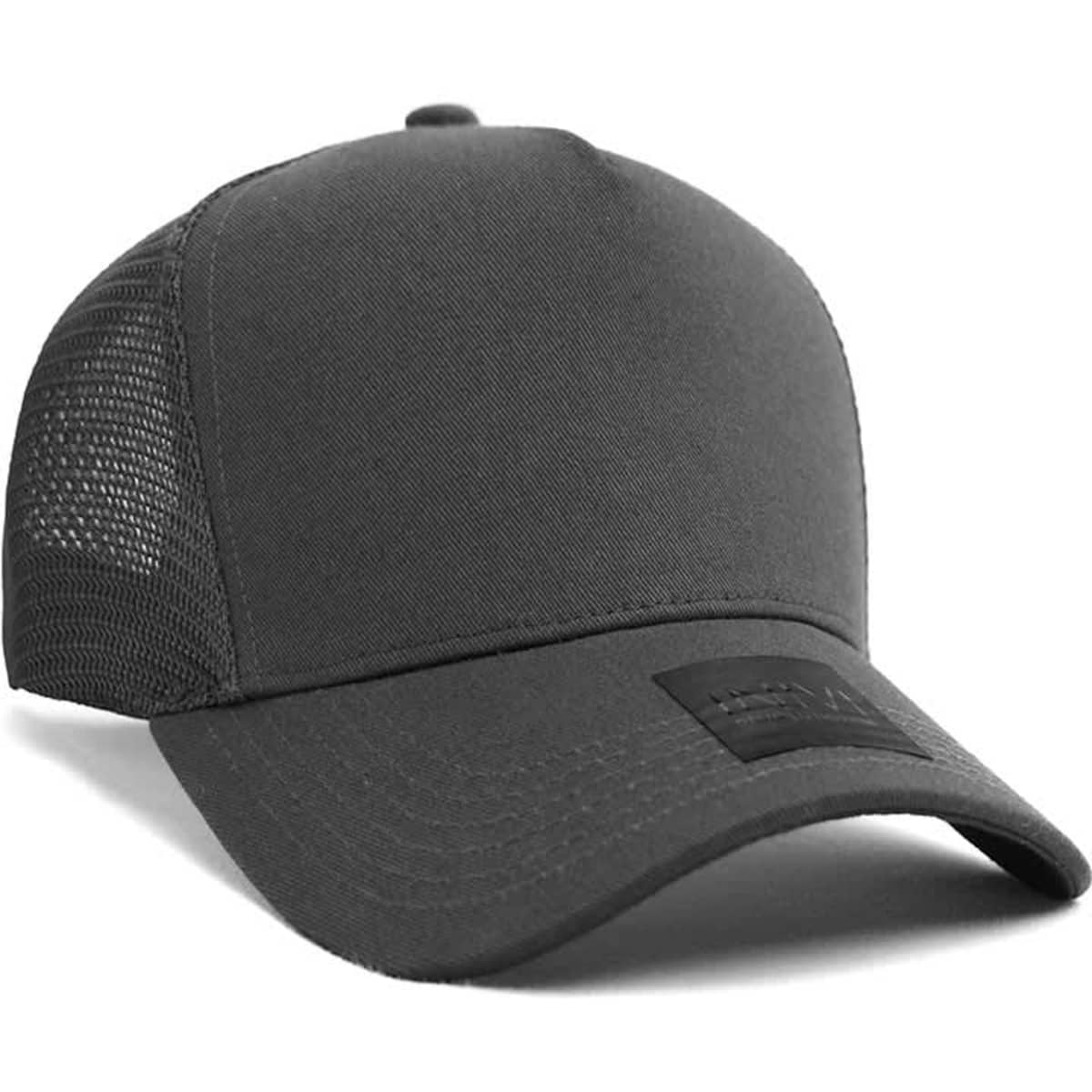 A grey cap made of cotton and mesh, featuring a solid front and mesh panels at the back. Includes a logo.