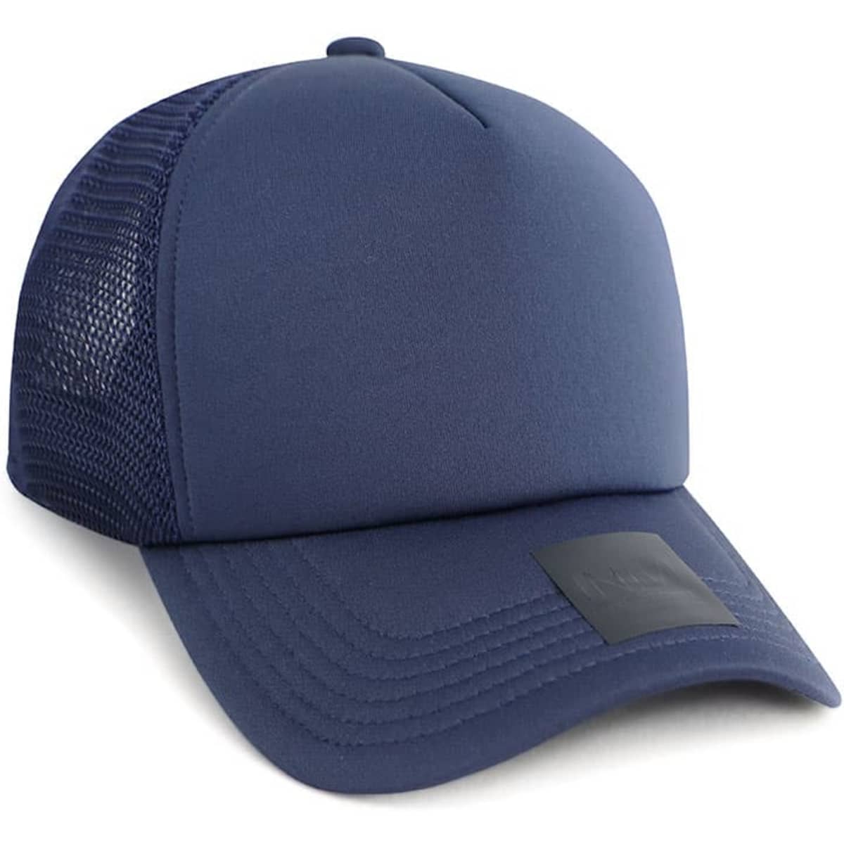 A navy trucker cap made from polyester and mesh, featuring a logo on the front panel.