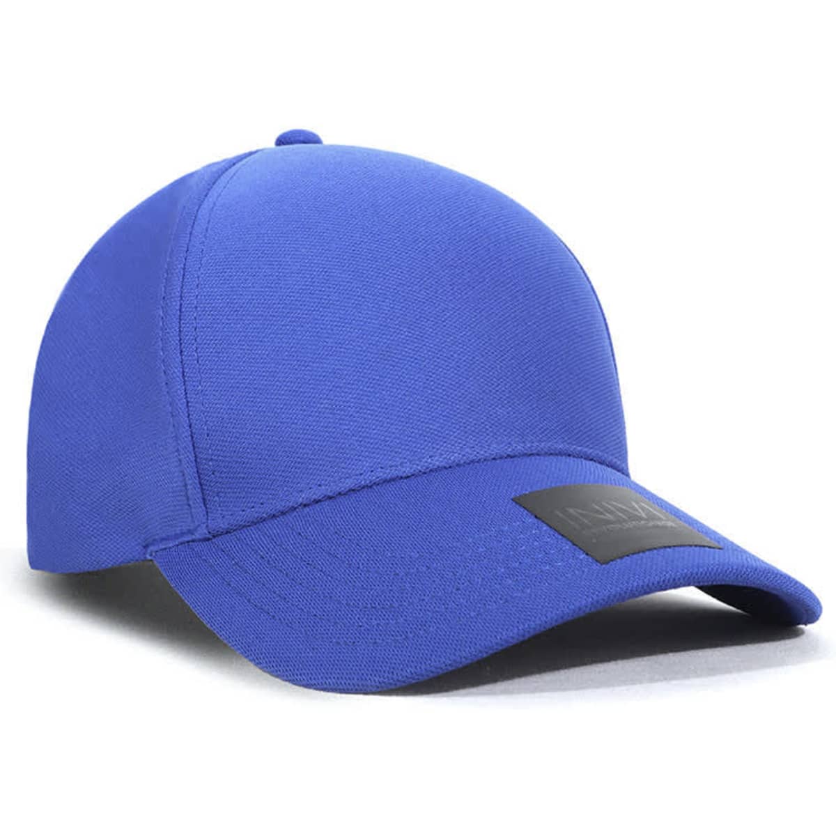 A blue cap made from 100% polyester fabric, featuring a sleek design and a logo on the front.