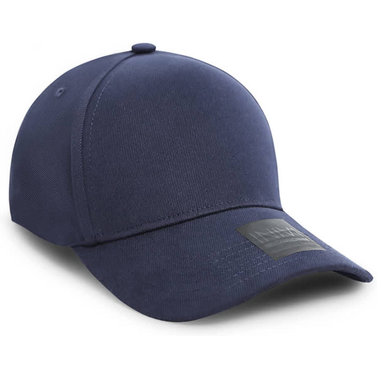 A navy blue cap made of cotton and spandex, featuring a logo on the front.