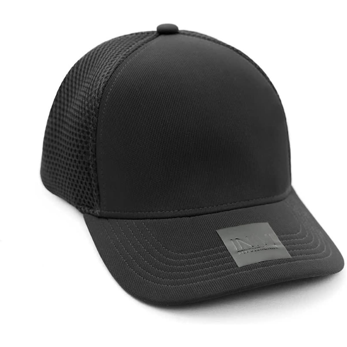 A black polyester/mesh cap featuring a textured mesh back and a sleek front panel with a logo.