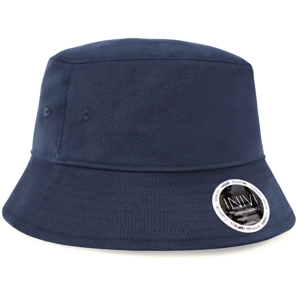 A navy bucket hat made of cotton and spandex, featuring a logo on the side.