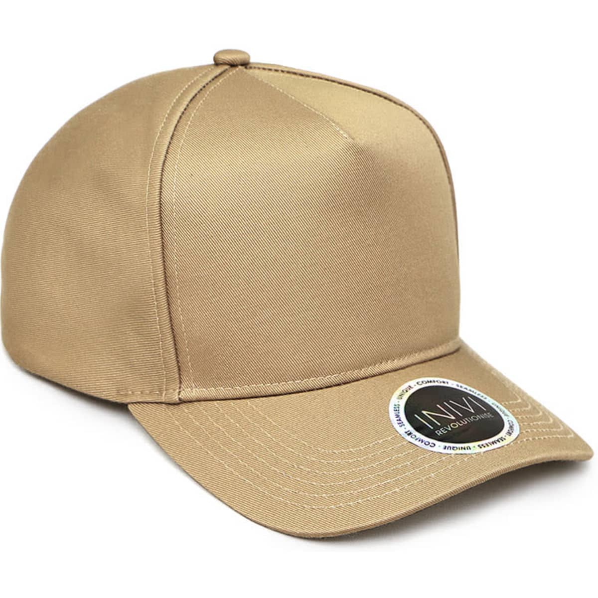 A tan polycotton cap with a flat peak and a branding logo on the front.