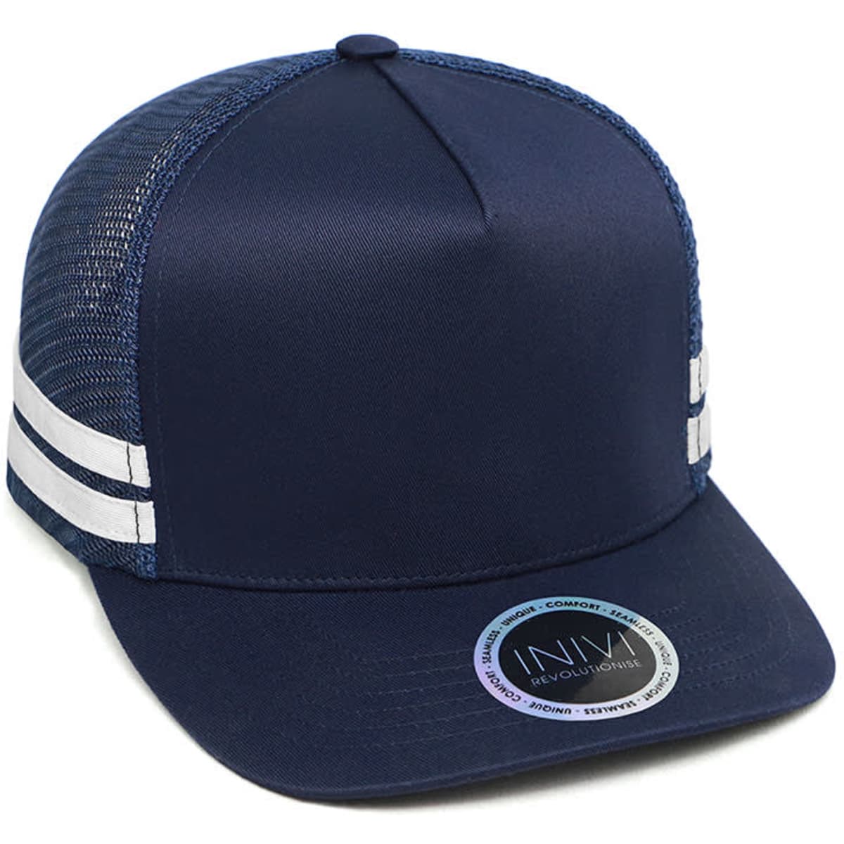 A navy trucker cap with mesh panels and white stripes, featuring a logo on the front.