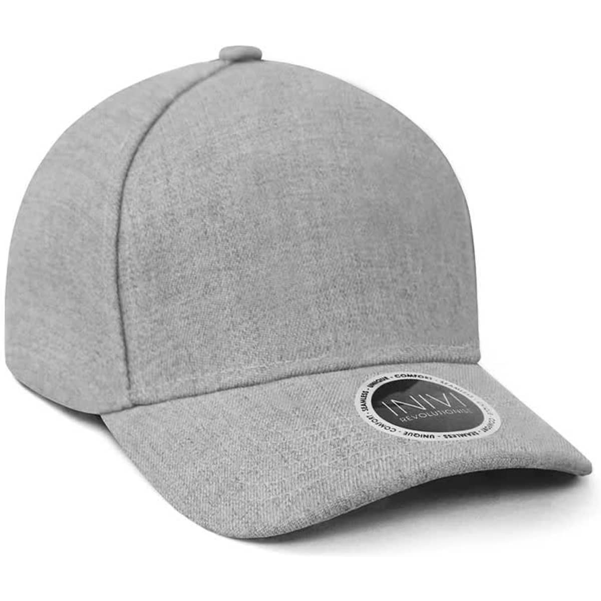 A grey cap with a smooth fabric and a circular logo on the side, designed with a cool dry mesh knit lining.