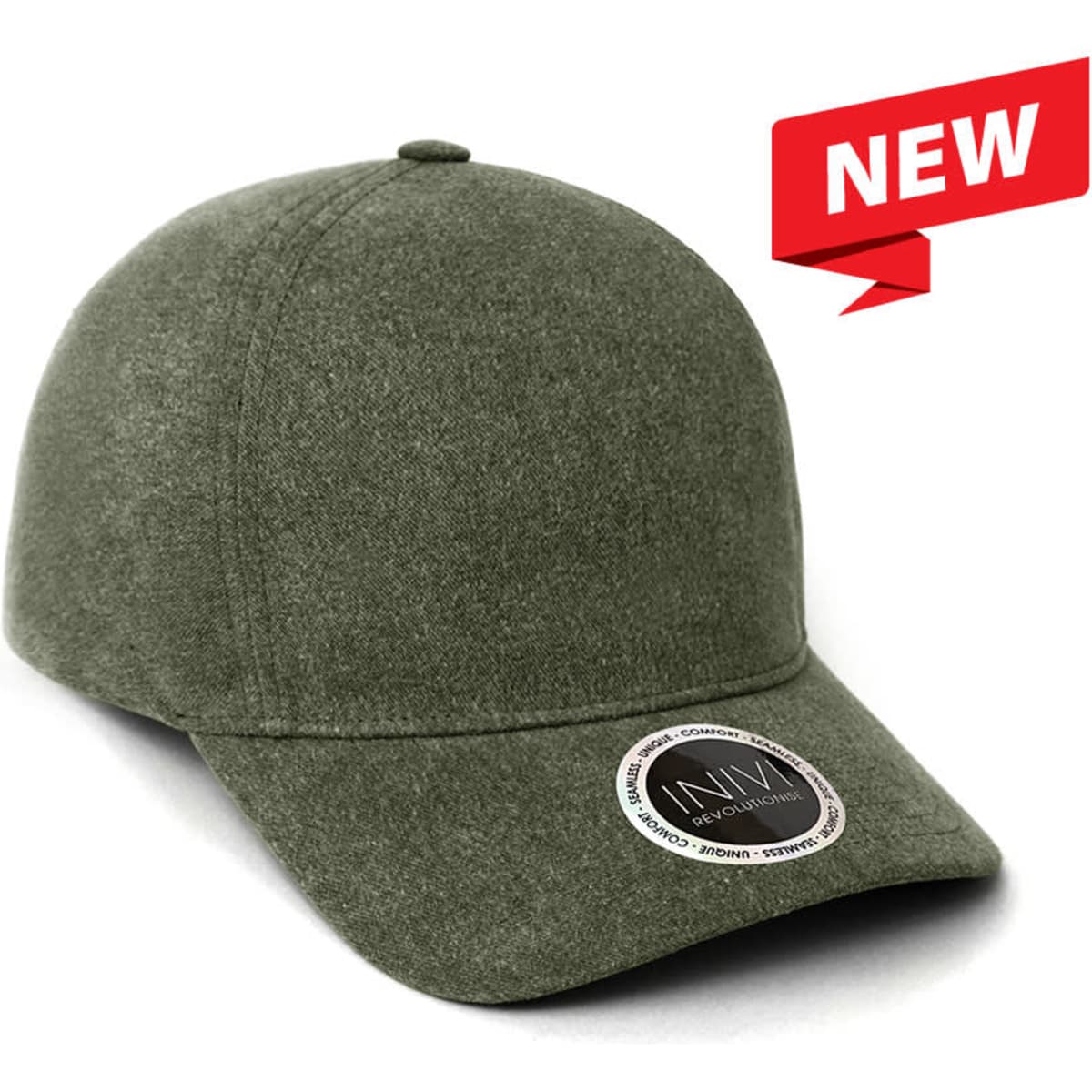 An olive green unstructured cap featuring a circular logo on the side.