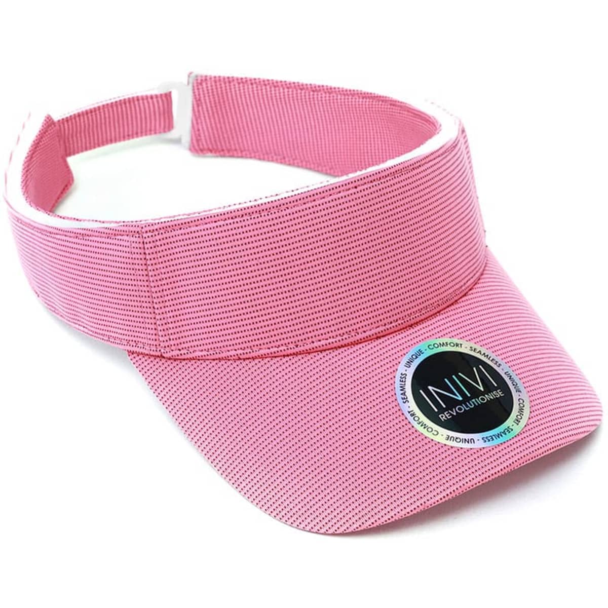 A pink visor with a removable sweat band and an emblem, featuring a textured design and adjustable strap.