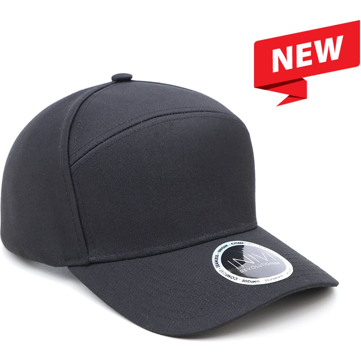 A black polycotton cap with a curved peak and a branding logo on the side.