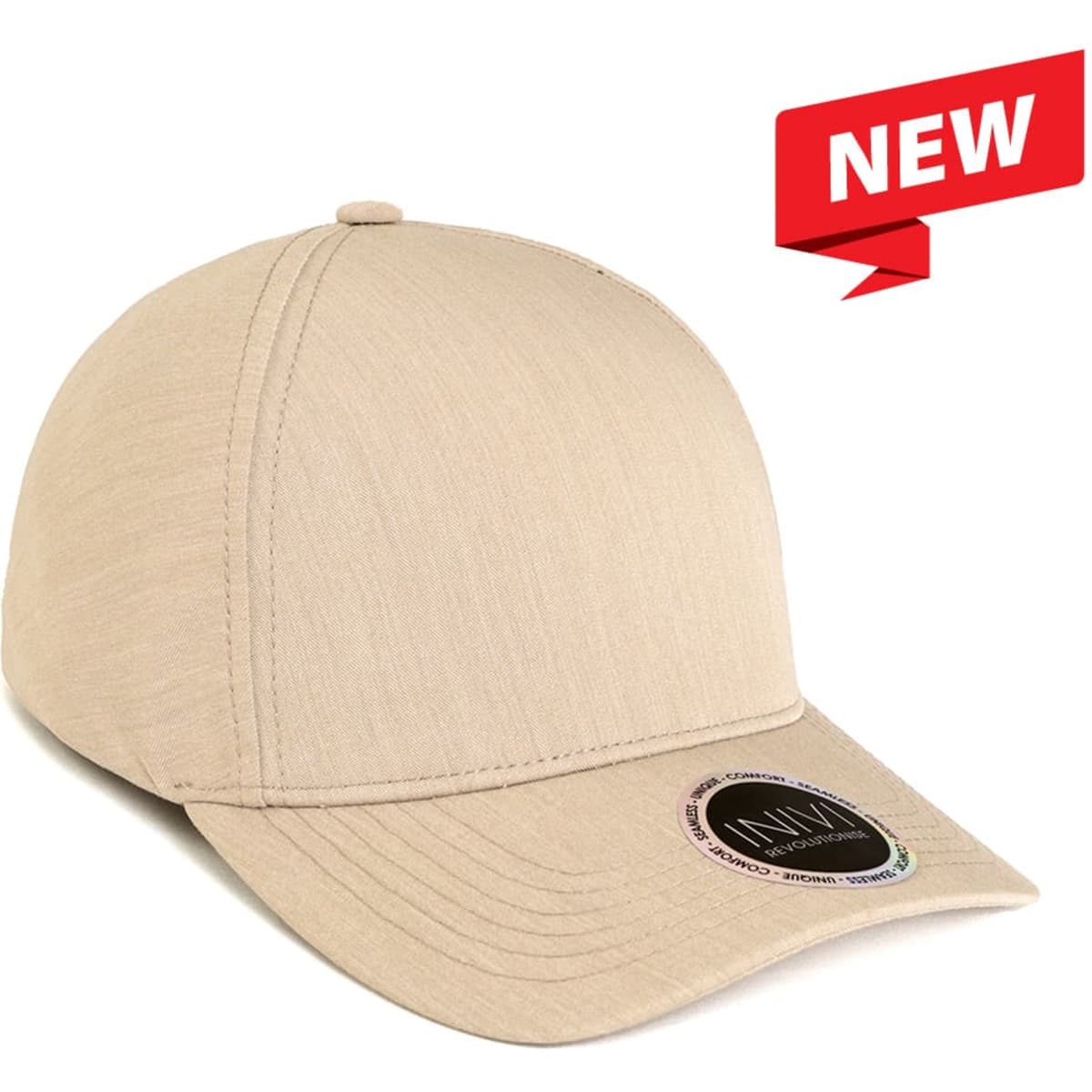 A beige cap made from 100% RPET, featuring a round brim and a logo on the side.