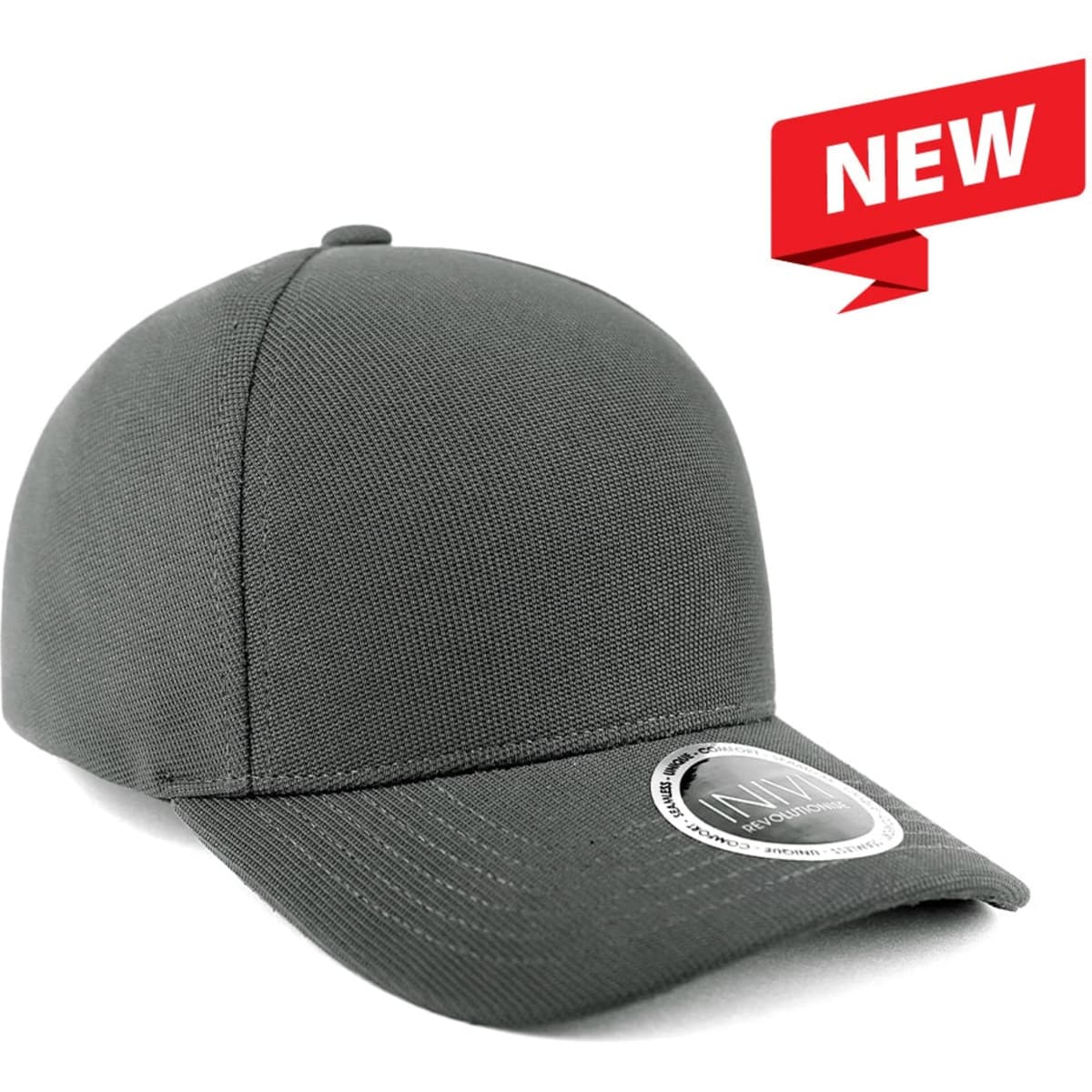 A grey cap with a textured finish and a circular logo on the front.