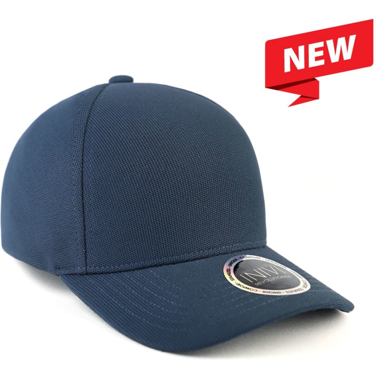 A navy blue cap featuring a textured waffle fabric and a circular logo on the front.