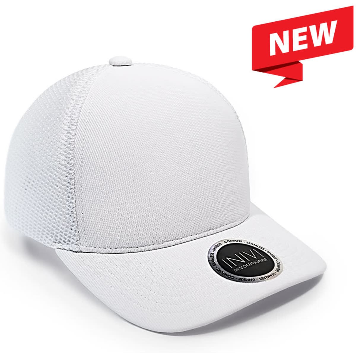 A white cap made of polyester and mesh with a circular logo on the front.