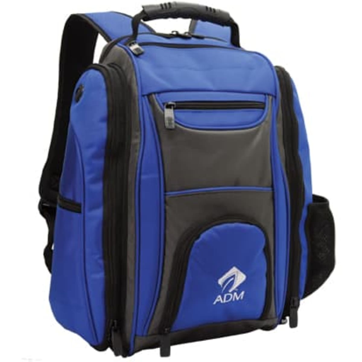A blue and black laptop backpack featuring a handle, adjustable straps, and a side mesh pocket. It has a logo on the front.