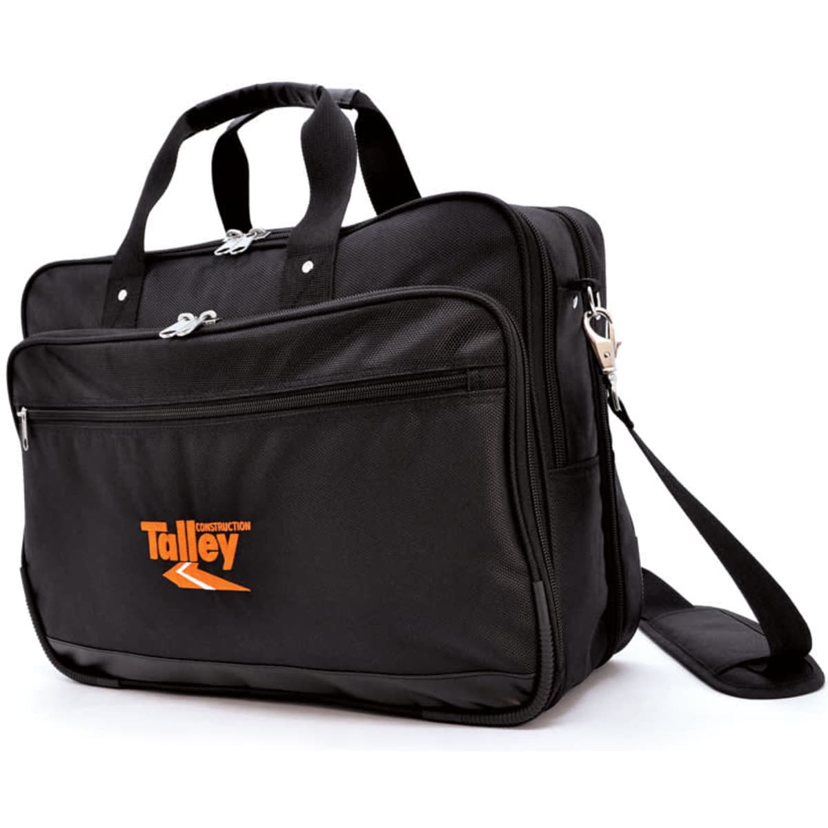 A black laptop conference bag with dual handles, a detachable strap, and a logo on the front.