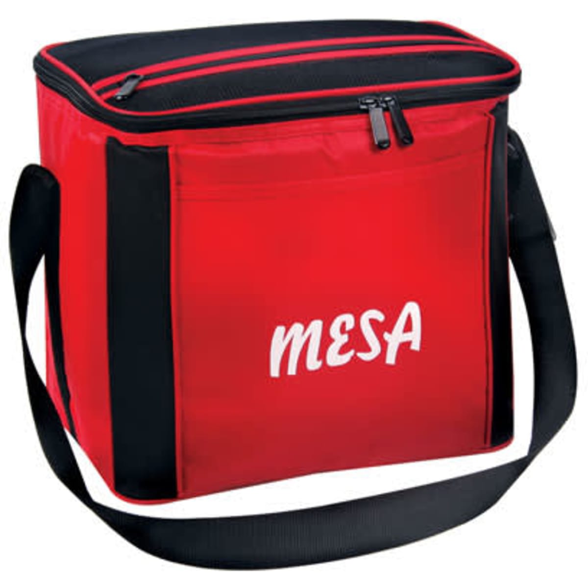 A red cooler bag with a black top and strap, featuring a logo on the front.