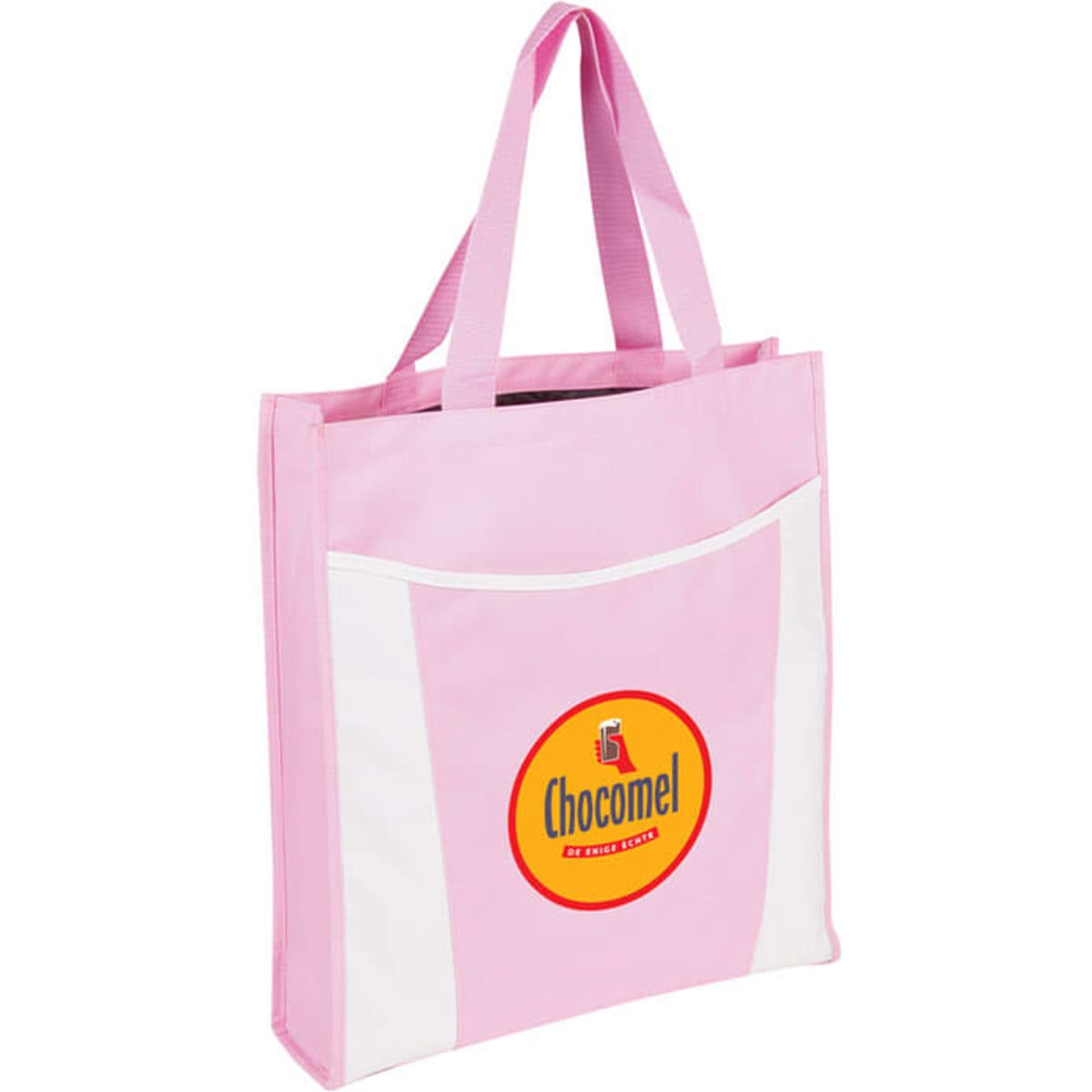A pink tote bag with white accents, featuring a logo on the front. Suitable for carrying various items.
