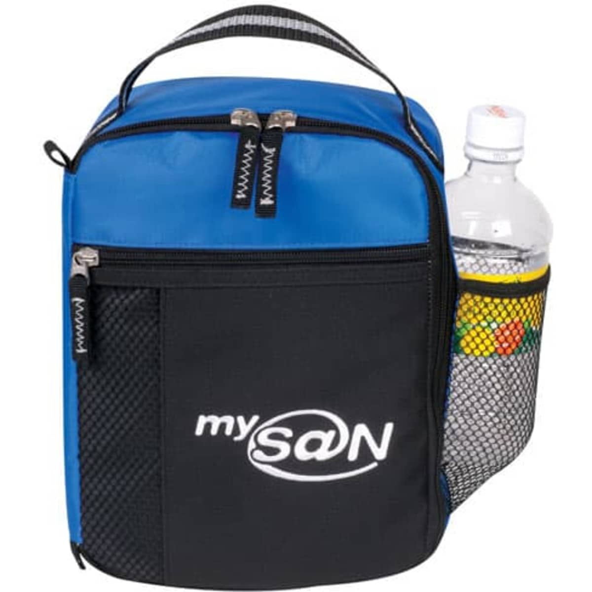 A blue and black lunch pack featuring a drink bottle holder and a logo. It has zippered compartments for storage.