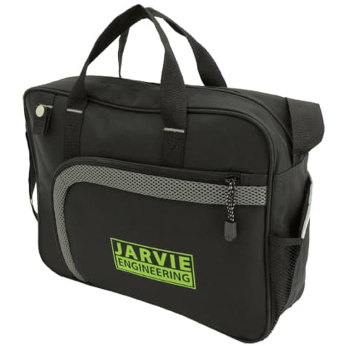 A black laptop bag with a mesh side pocket and a logo. It features dual carrying handles and a zippered main compartment.