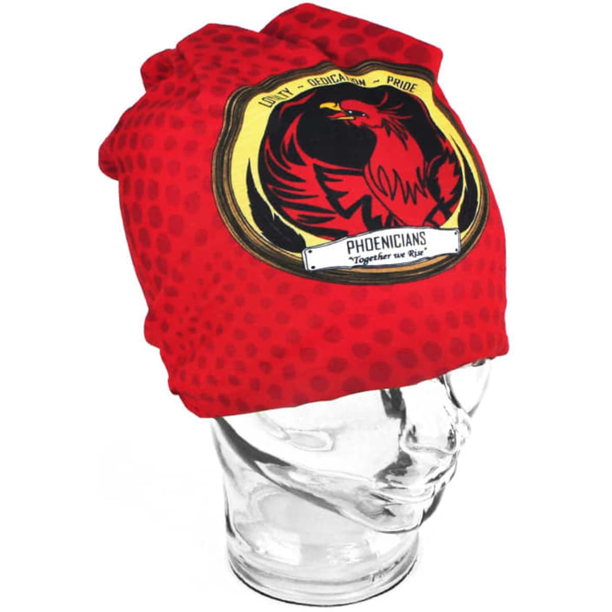 A red bandanna featuring a logo with a phoenix design, displayed on a clear mannequin head.