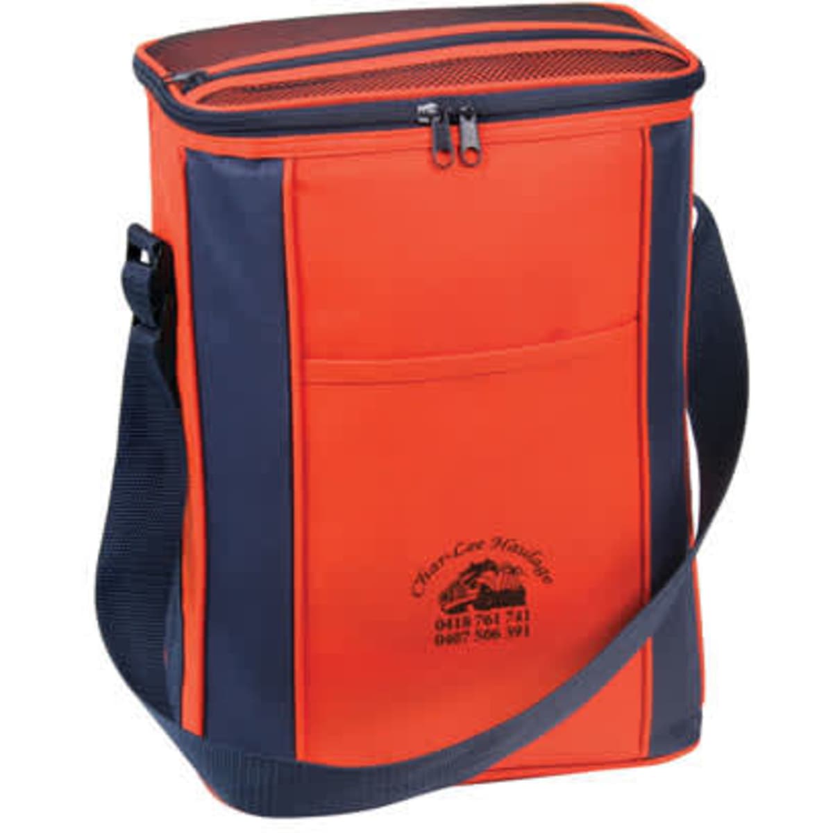 A drink bottle cooler bag in orange and navy, featuring a shoulder strap and a front pocket. It has a logo on the side.