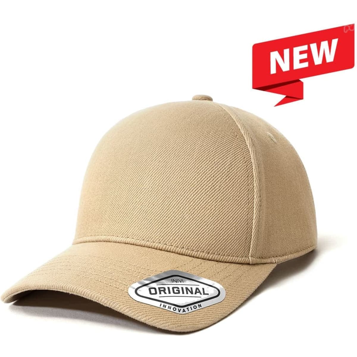 A beige cap with a rounded crown and a circular logo on the front, featuring a branding label.