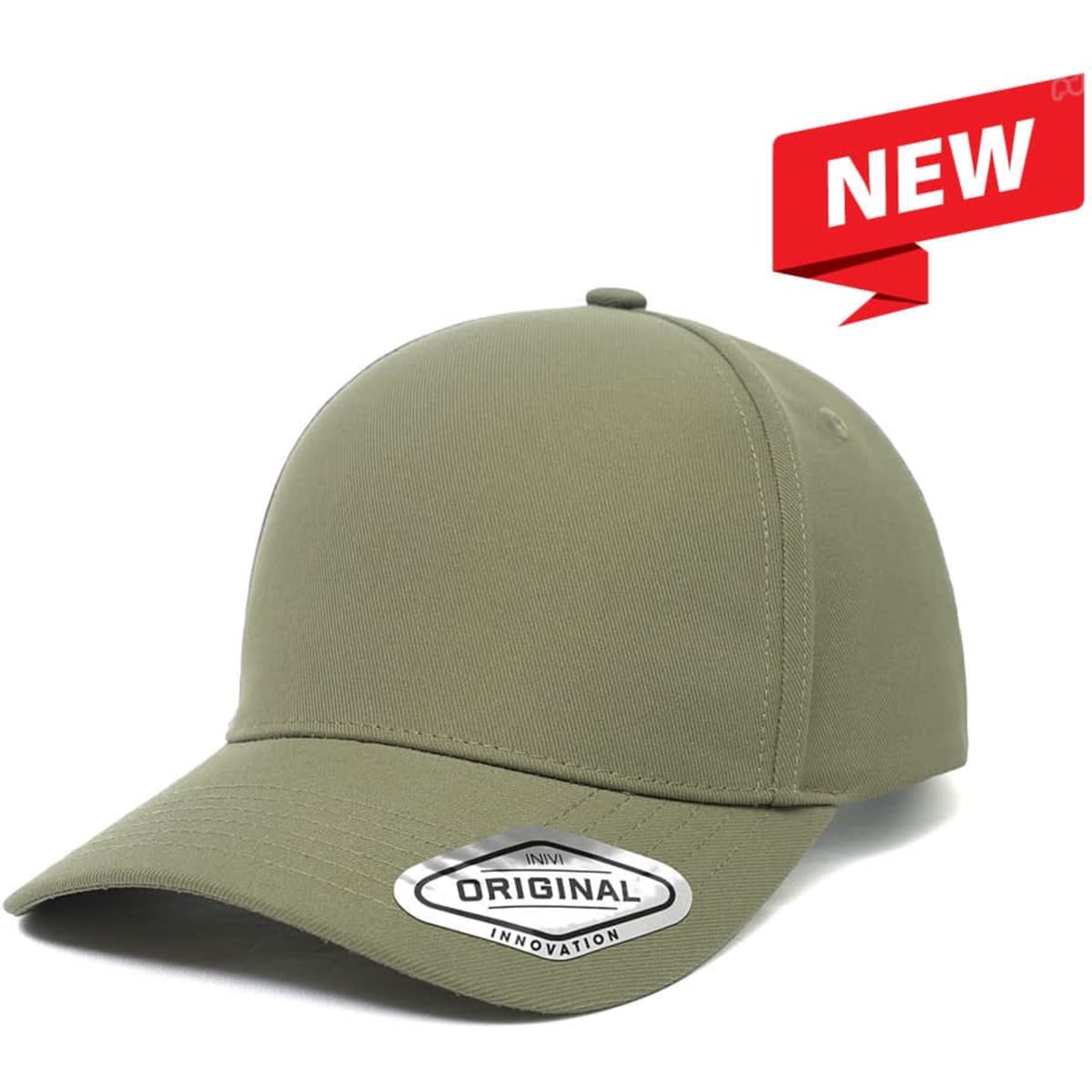 A khaki cap with a rounded crown and a curved brim, featuring a logo on the front and a badge.