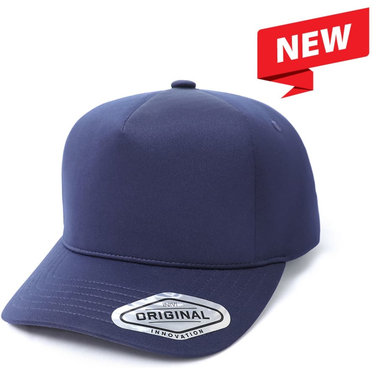 A navy blue cap with a flat brim and a branding logo on the side.