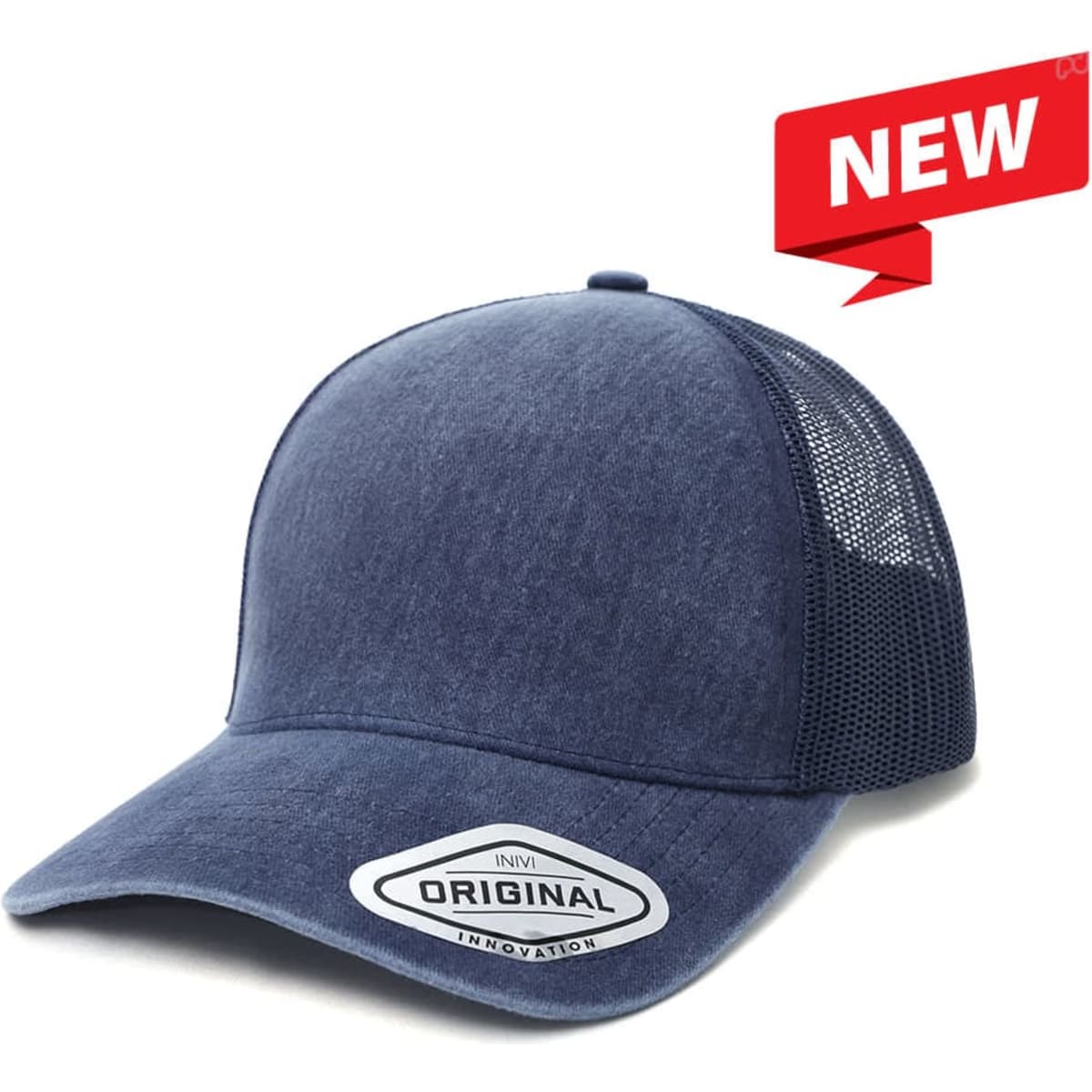 A navy blue mesh cap featuring a curved peak and a logo. The back is made of washed mesh material.