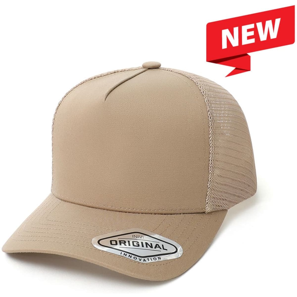 A beige A-Frame Seamless Mesh Cap featuring a mesh back and a logo patch on the front.