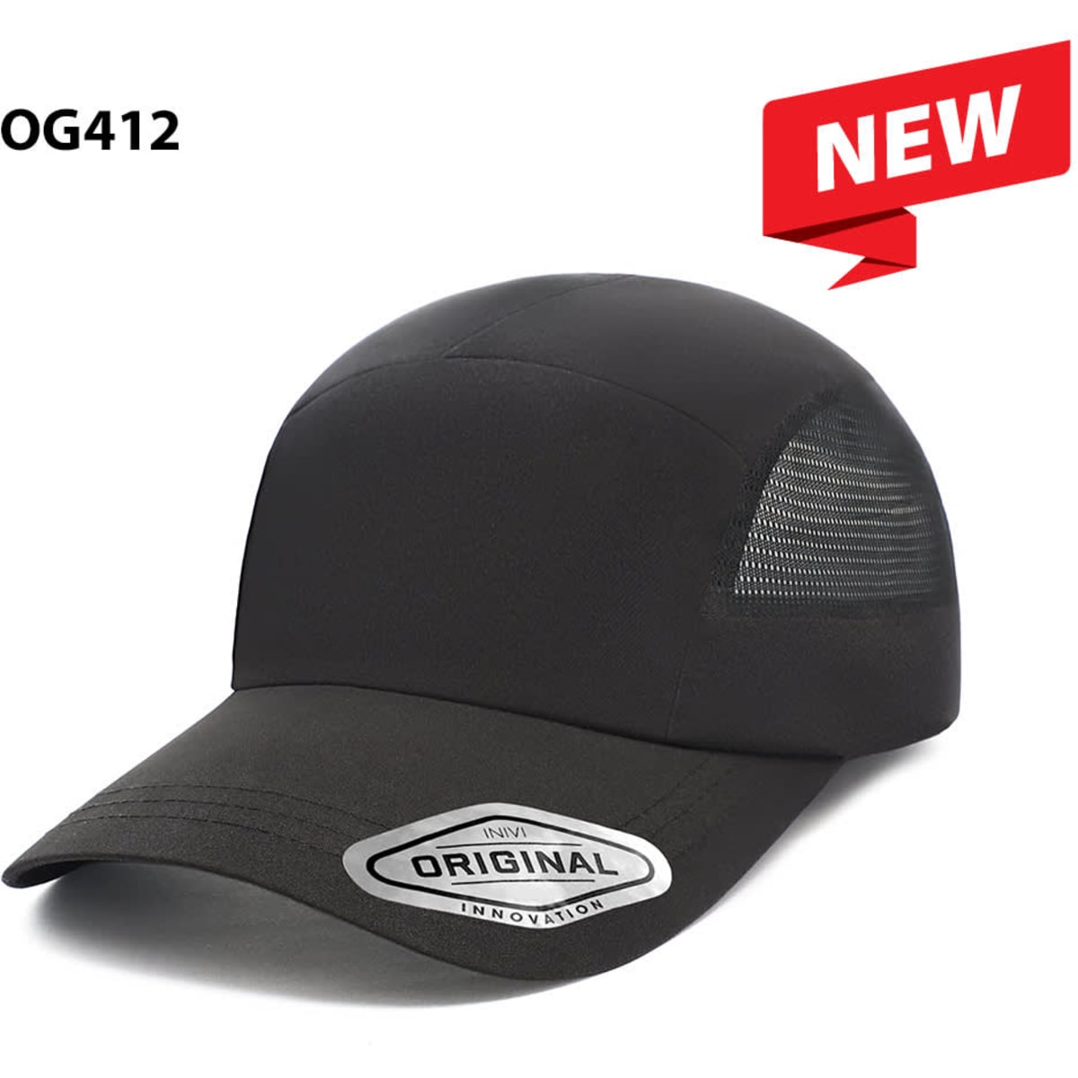 A black cap with a mesh panel and a logo, designed for performance and comfort.