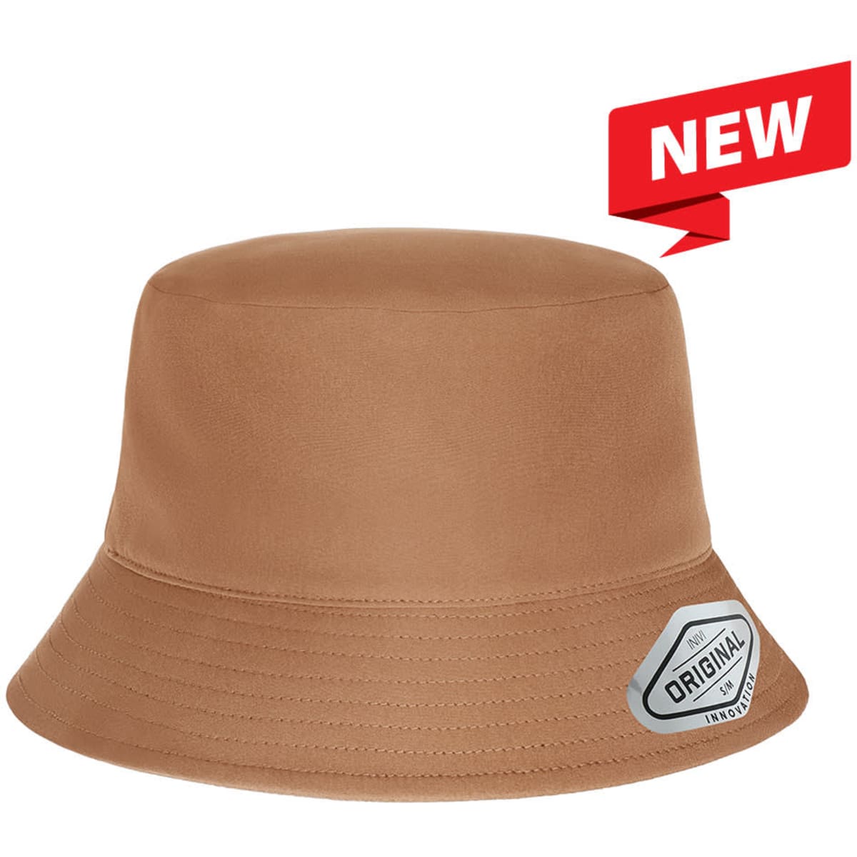 A brown bucket hat with a branded logo label on the side and a rounded crown.