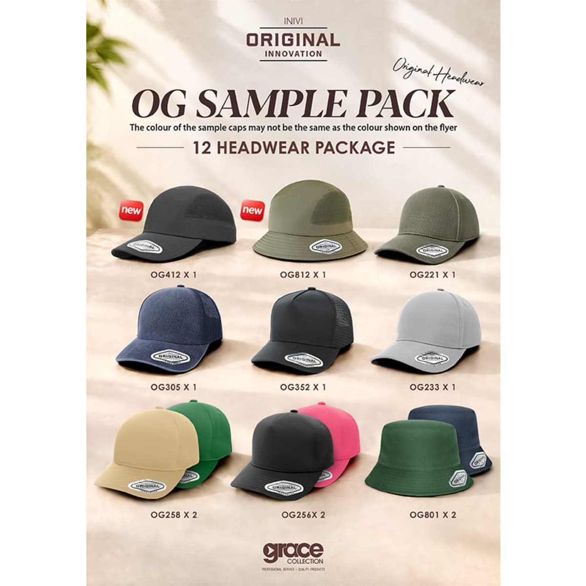 A variety of headwear caps in different colours, featuring a logo, displayed in a grid.