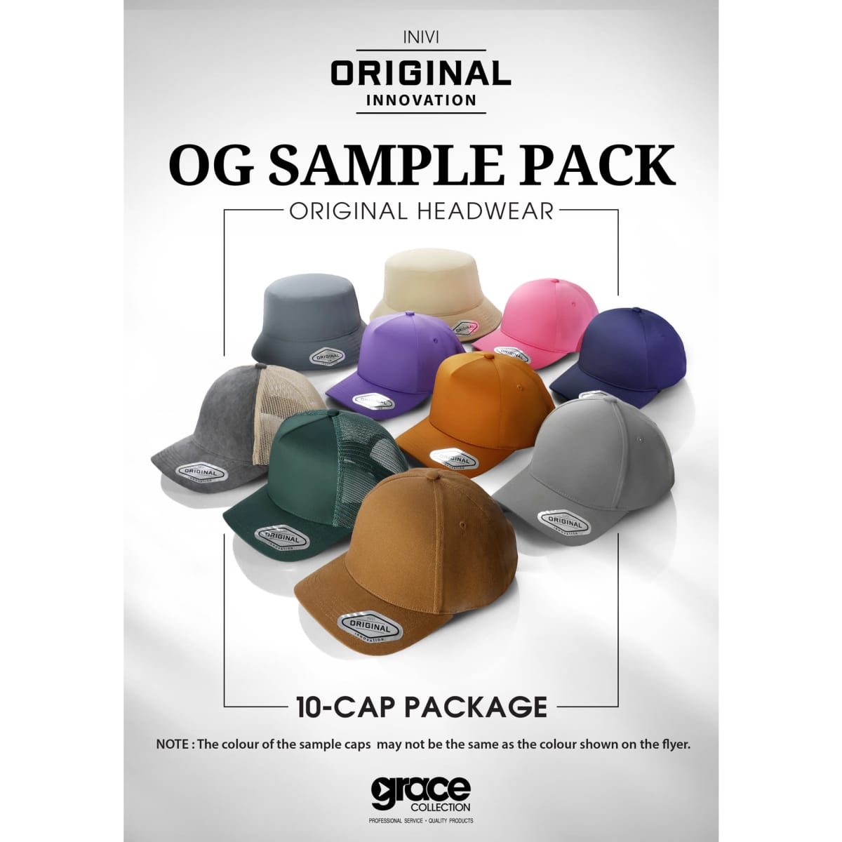 A display of ten caps in various colours, featuring a logo on each cap, arranged in a neat layout.