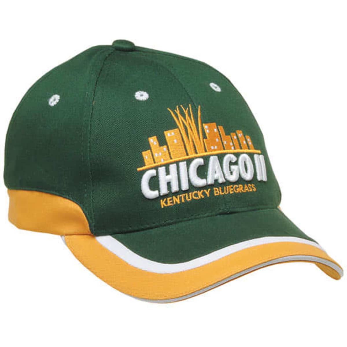A green and gold cap featuring a logo on the front and contrasting stitching.