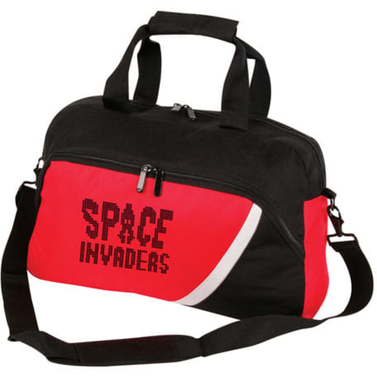 A black and red laptop bag featuring a logo and dual handles, with a detachable shoulder strap.