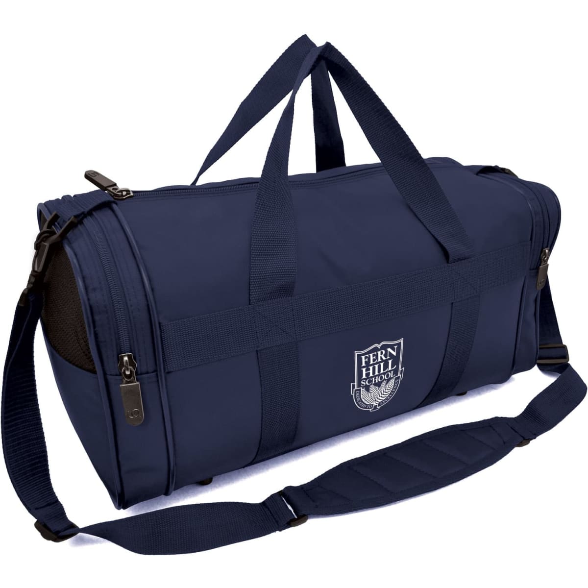 A navy duffle bag with multiple carrying handles, a detachable strap, and a logo on the side.