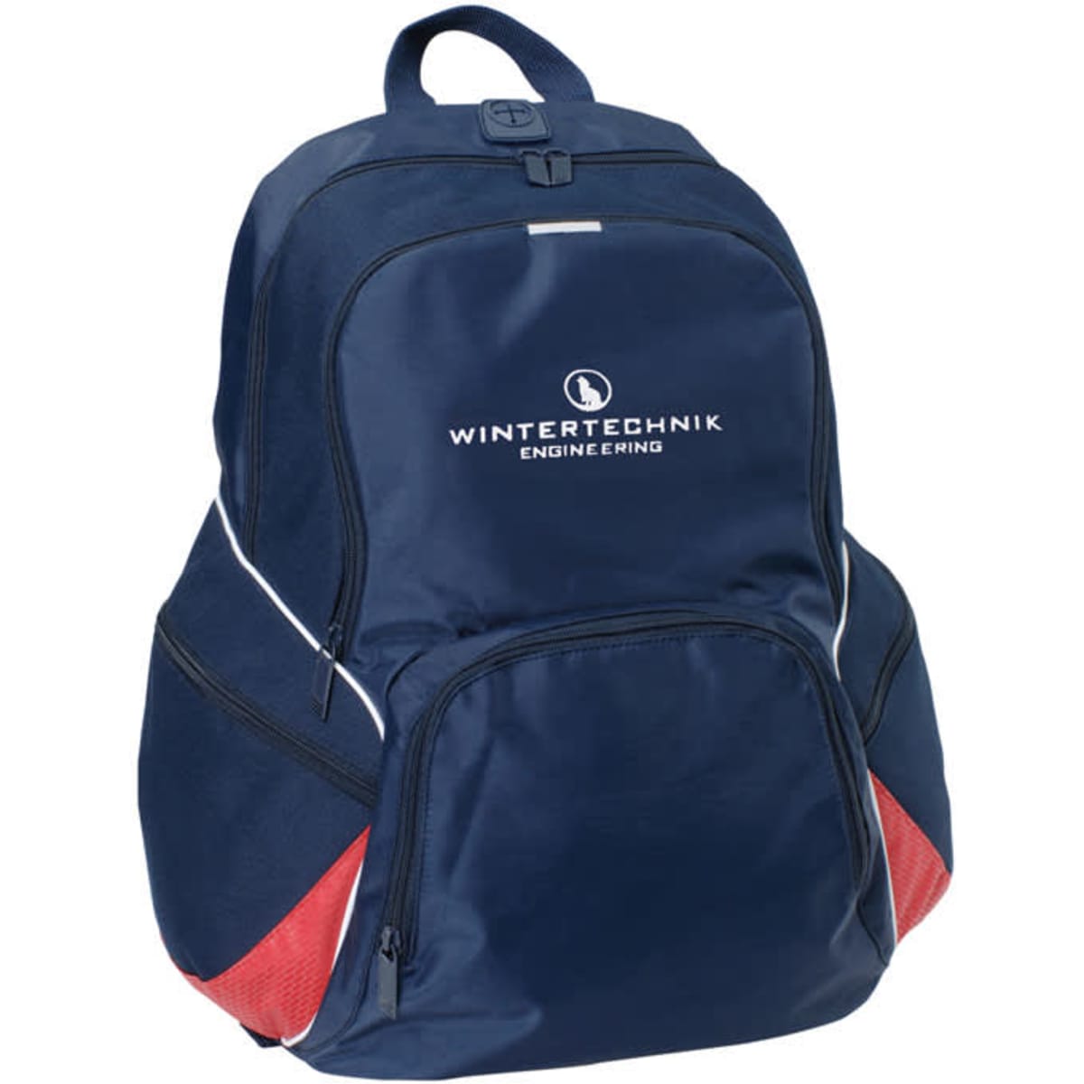 A navy blue backpack with red accents and a branding logo on the front. Features multiple compartments for storage.