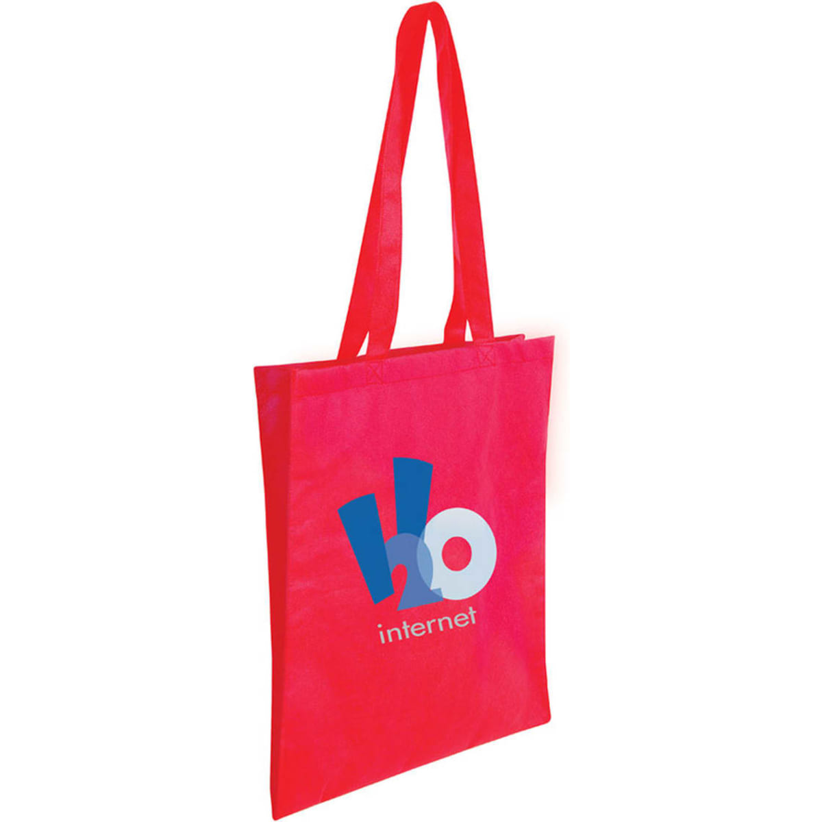 A red tote bag with a V-gusset and a logo on the front.