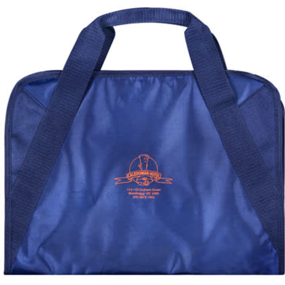 A navy blue satchel bag with two handles and a logo printed on the front.