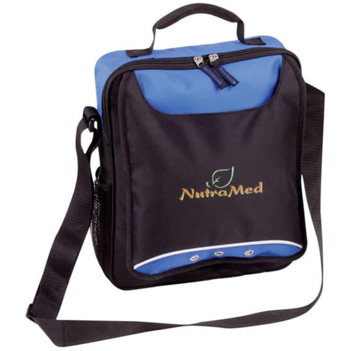 A shoulder bag in black and blue, featuring a top zip, adjustable strap, and a logo on the front.