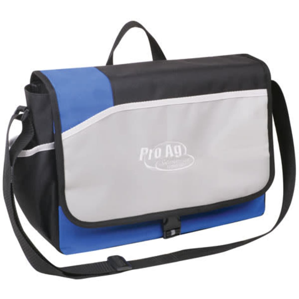 A shoulder bag featuring a grey front with blue and black accents, equipped with a shoulder strap and a logo.