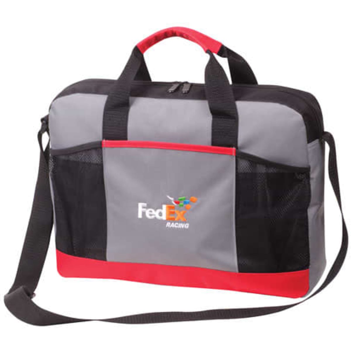 A grey and red shoulder bag with mesh pockets, featuring a logo.
