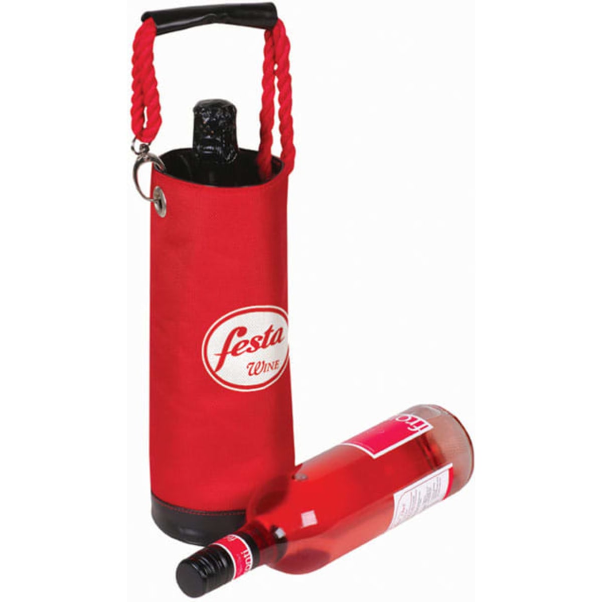 A red wine cooler bag featuring a handle and a logo, with a wine bottle partially leaning beside it.