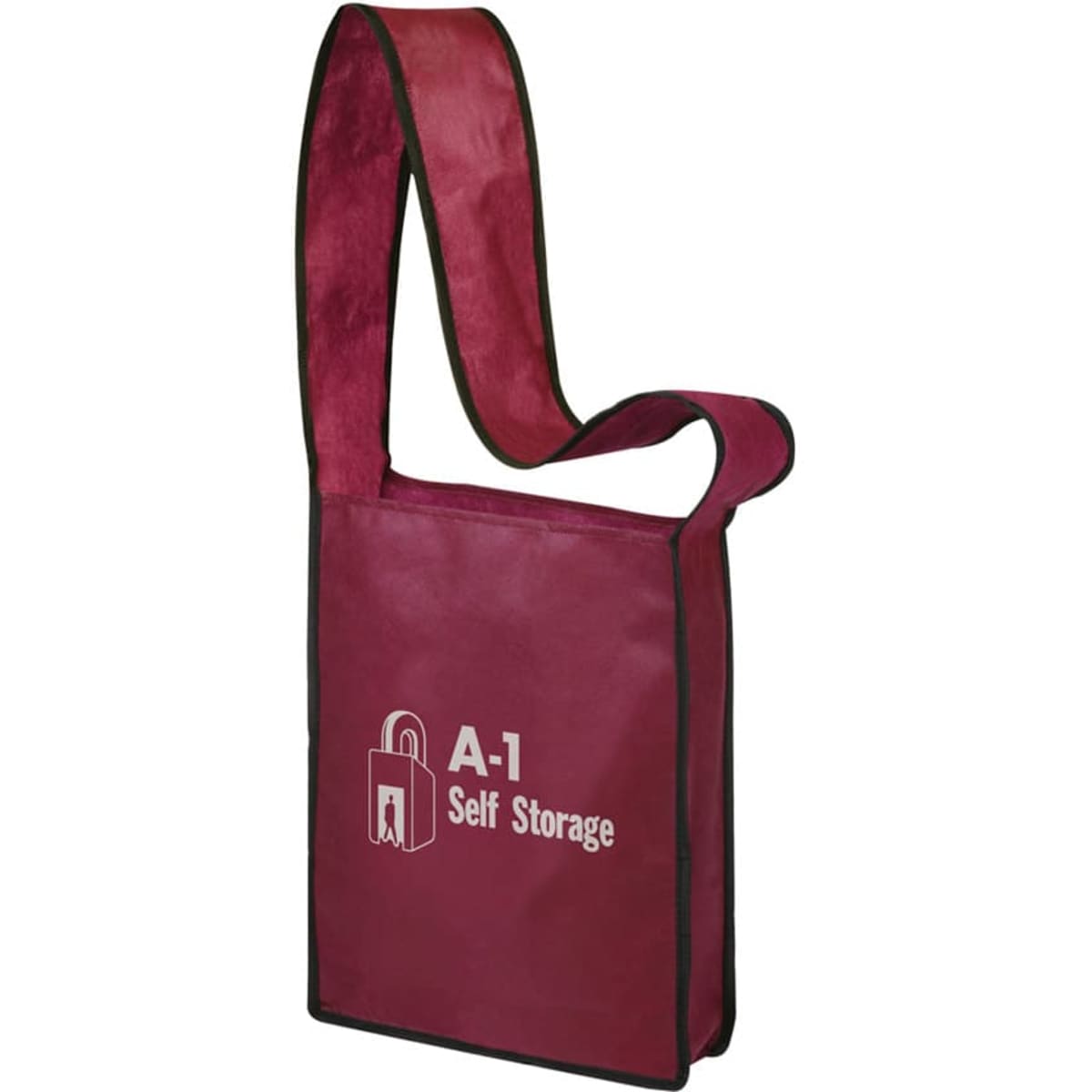 A maroon sling bag with a shoulder strap and a logo on the front.