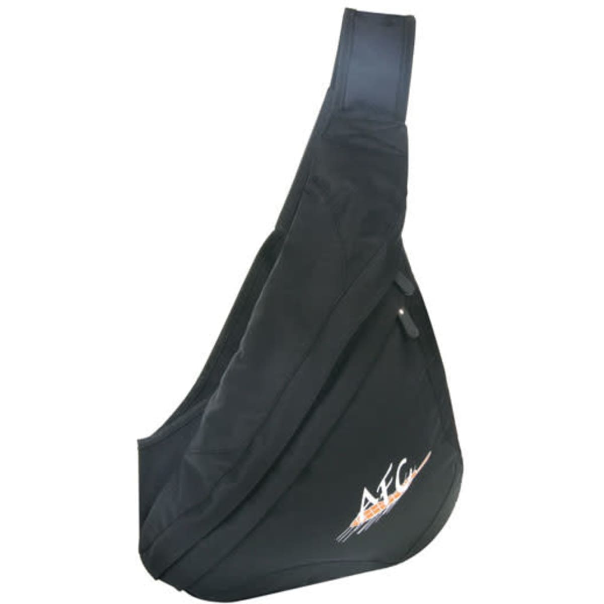 A black slingpack bag with a single shoulder strap and a logo design.