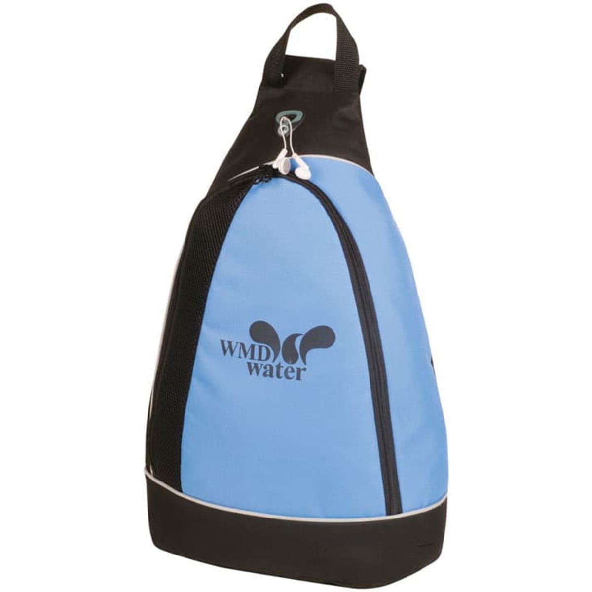 A blue and black Slingpack backpack featuring a zipper closure and logo on the side.